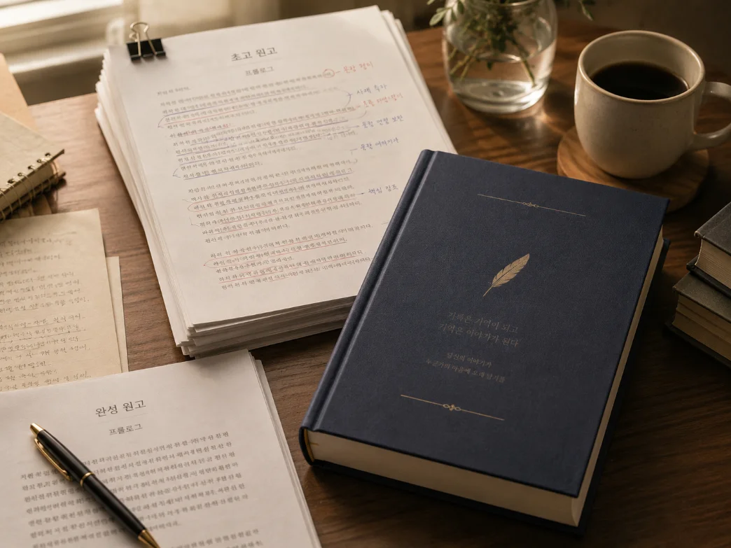 책상 위에 놓인 초고와 완성된 책